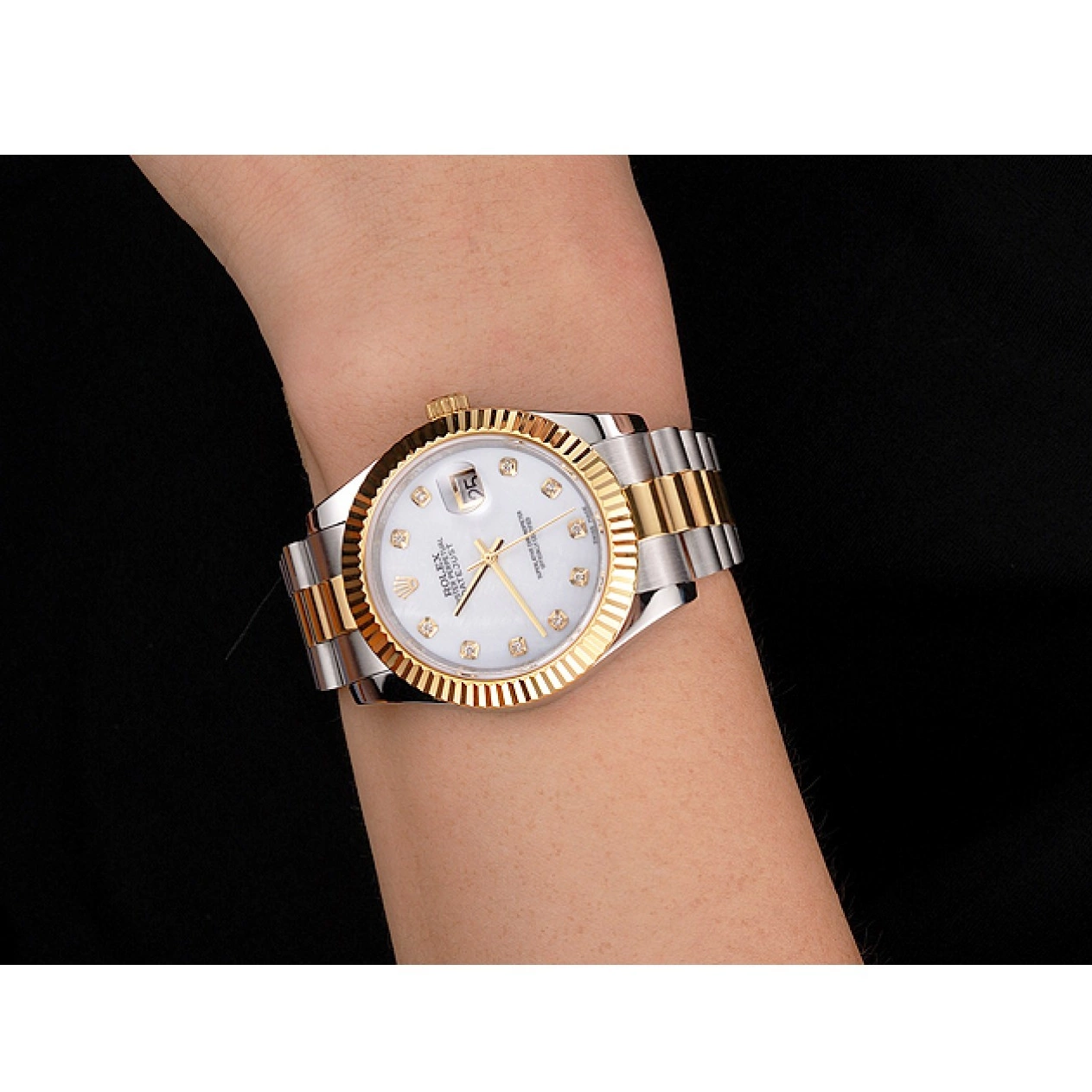 Aaa replica watch Hour Steel Tone Diamond Swiss Rolex Case White Bracelet Two Marks Bezel Datejust Stainless Dial Gold 0803